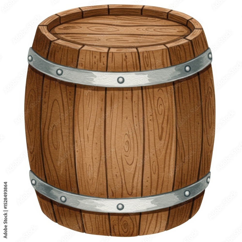 Obraz premium Brown Wooden Barrel with Metal Bands on White Background
