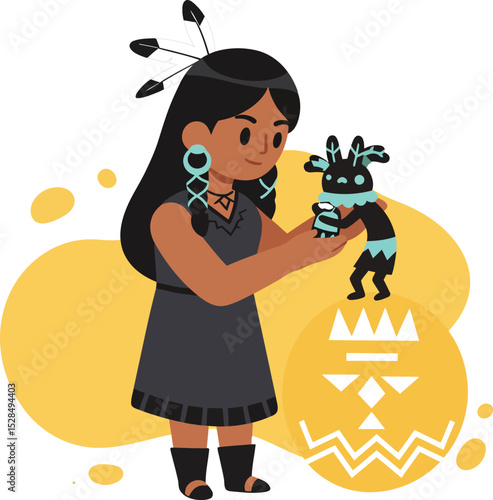 Young indigenous girl holding tribal figurine with traditional earrings and dress vector illustration 