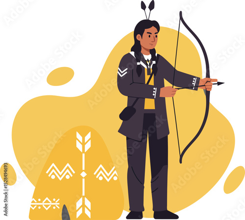 Native American man aiming bow and arrow with traditional dress and feathers vector illustration 