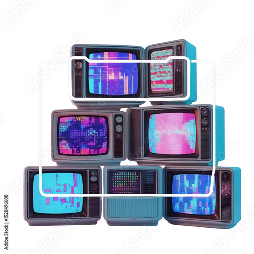 Retro television sets stacked vintage tv screens with glitch art and static noise display for design concept