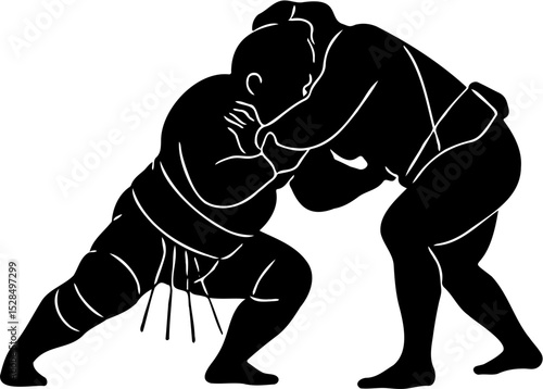 silhouette vector illustration of two sumo wrestlers competing, Isolated on white