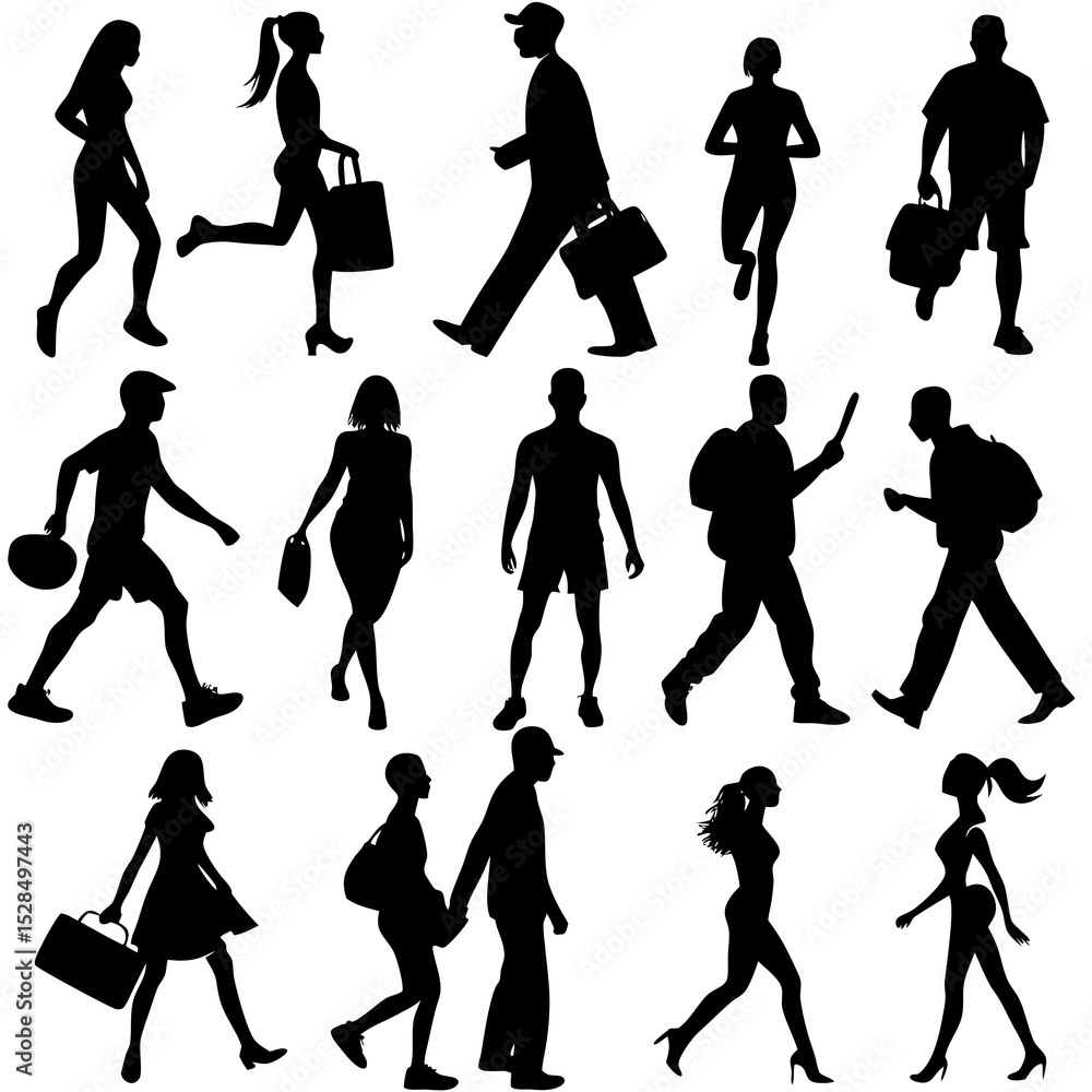 Fototapeta premium Silhouettes of people walking shopping traveling