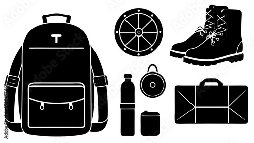 Travel essentials backpack boots water bottle gear