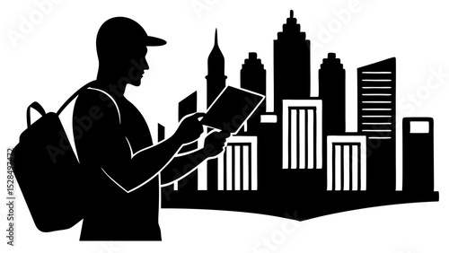 Tourist exploring city skyline with map backpack