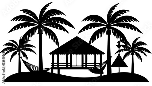 Tropical beach hut silhouette palm trees hammock paradise