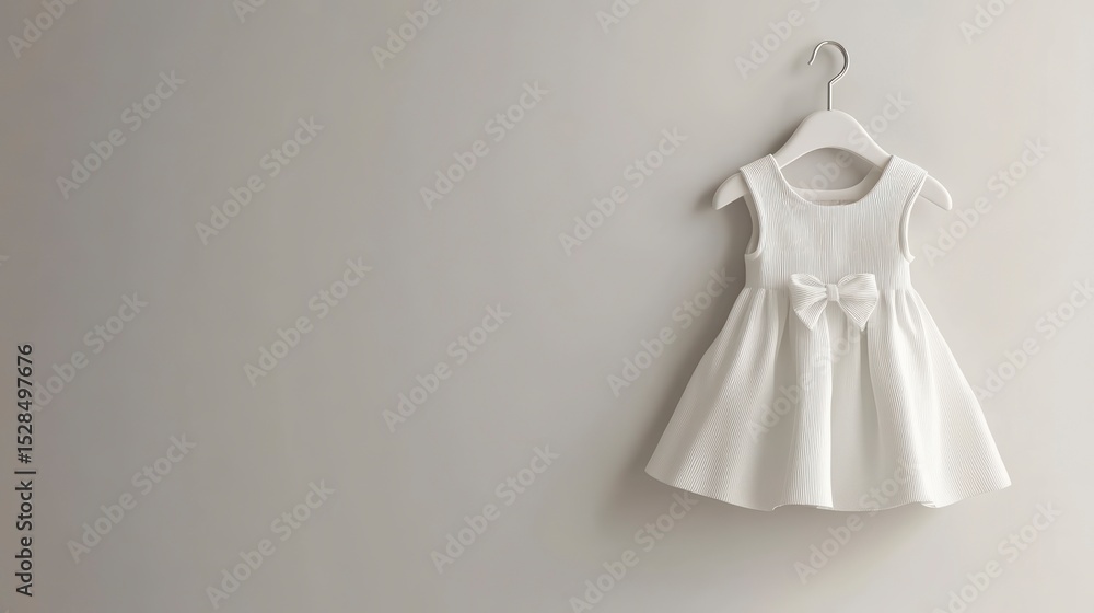 A little white dress hangs on a hanger against a plain background. A little white dress hangs on a hanger against a plain background.