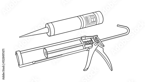 Silicone Sealant Tube and Gun, Black and White Line Art
