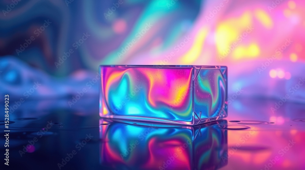 A transparent rectangular object reflects vibrant, colorful, and iridescent patterns on a wet surface, creating a futuristic and abstract visual.

