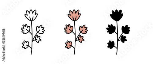 Flowers on Stems with Outlines and Filled Shapes on White Background