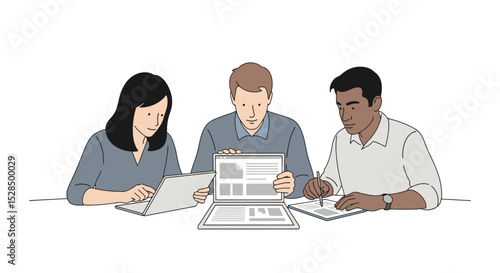 Collaborative Design Review: Diverse Team Analyzing Website Wireframes