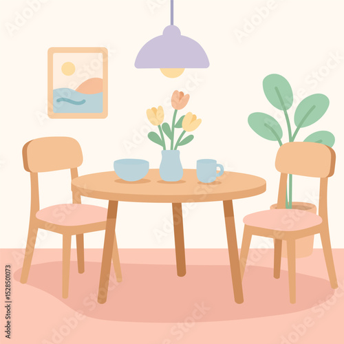 Dining table with pastel decor and flowers creates cozy dining atmosphere, where dining moments feel warm, calm, and stylish, perfect for lifestyle and interior content.