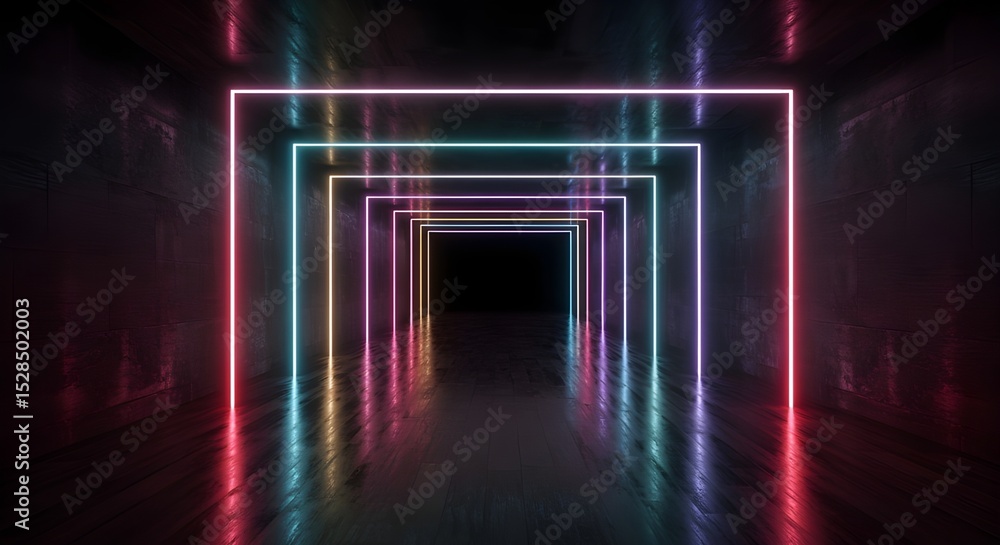 Futuristic neon tunnel with pink and blue glowing lights, modern sci-fi corridor, symmetrical perspective in dark space Futuristic neon tunnel with pink and blue glowing lights, modern sci-fi corridor, symmetrical perspective in dark space