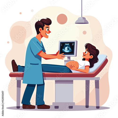 Pregnancy ultrasound scan illustration doctor examining pregnant woman baby checkup maternity care antenatal clinic