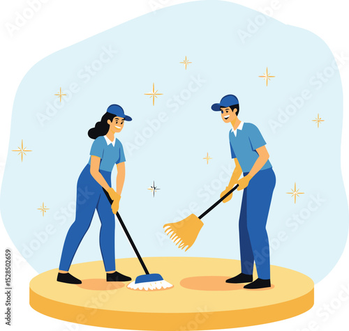 Professional cleaning services team cleaning floor with mop and broom vector illustration design