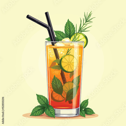 Refreshing summer cocktail drink illustration with lime and mint for menu and advertising use