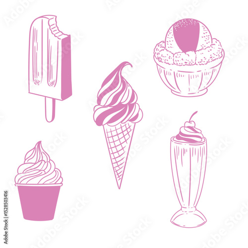 A set of original hand-drawn ink illustrations of ice cream. Original drawings of ice cream cones, milkshakes, and ice cream tubs.