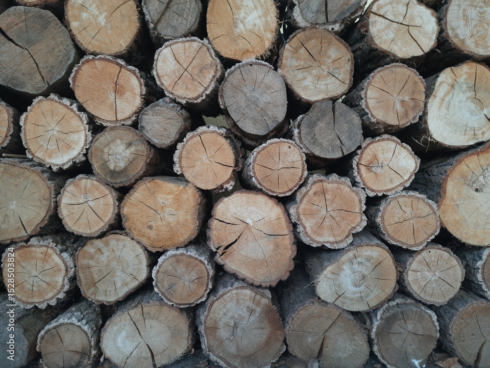 Fototapeta premium Round logs laid in a row. Natural background.