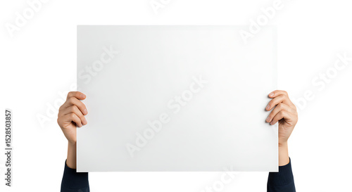Two hands holding blank white sign isolated on white background