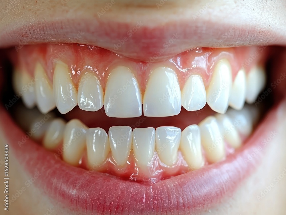 Fototapeta premium Close-up of a wide, bright smile revealing healthy, white teeth and pink gums. Slight gum recession is visible