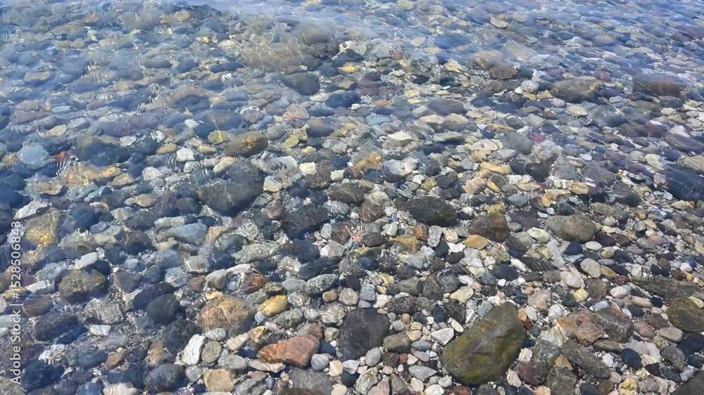 View into the water a stoney park beach as small wave ripple above the muti-colored stones
View into the water a stoney park beach as small wave ripple above the muti-colored stones