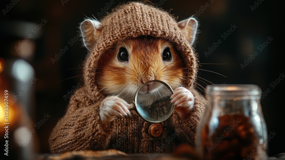 Obraz premium A charming hamster dressed in a knitted sweater examines with a magnifying glass, evoking a sense of curiosity and playfulness, delighting viewers with its adorable persona.
