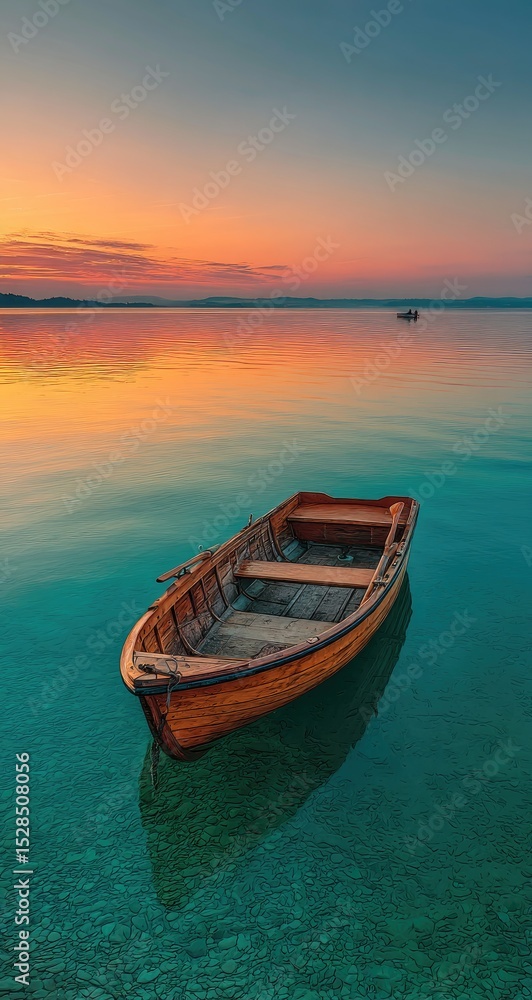 Rustic Boat At Sunset On Turquoise Lake Rustic Boat At Sunset On Turquoise Lake