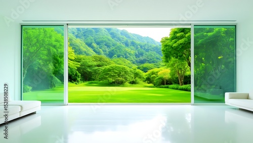 Modern Minimalist Interior Design Serene Green Landscape View from Floor-to-Ceiling Windows