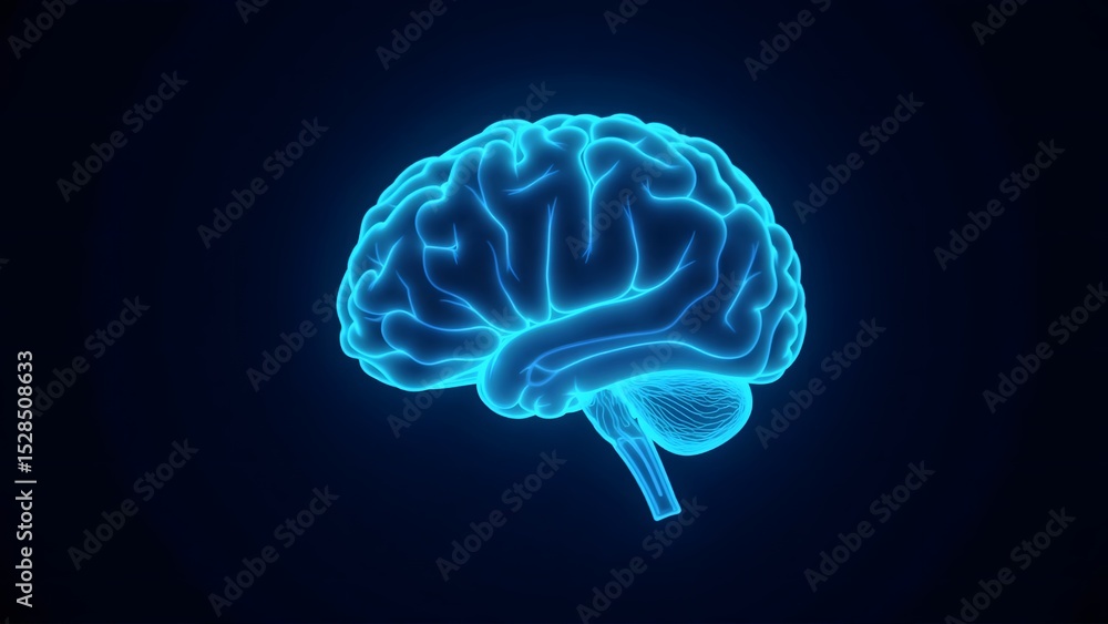 Glowing Blue Human Brain Illustration on Dark Background Glowing Blue Human Brain Illustration on Dark Background