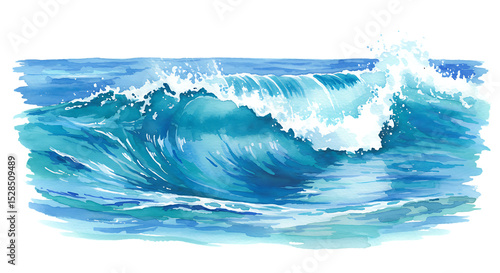 Vibrant watercolor painting of an ocean wave isolated on white background