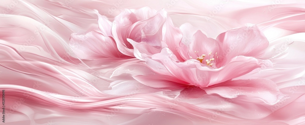 Delicate pink blossoms rest on flowing, silk-like fabric, creating a soft, dreamy aesthetic Delicate pink blossoms rest on flowing, silk-like fabric, creating a soft, dreamy aesthetic