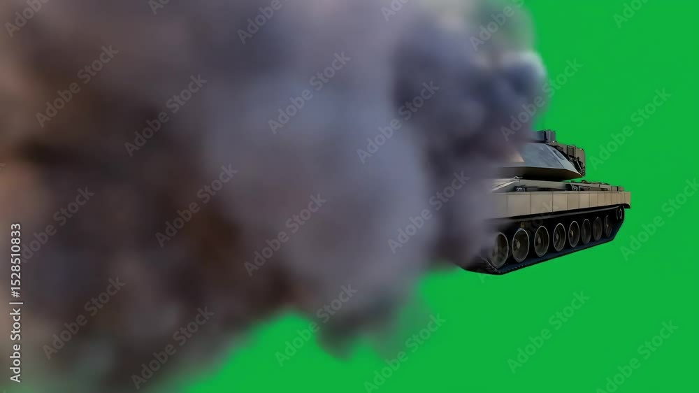 War tank firing with intense explosion and smoke on green screen ...