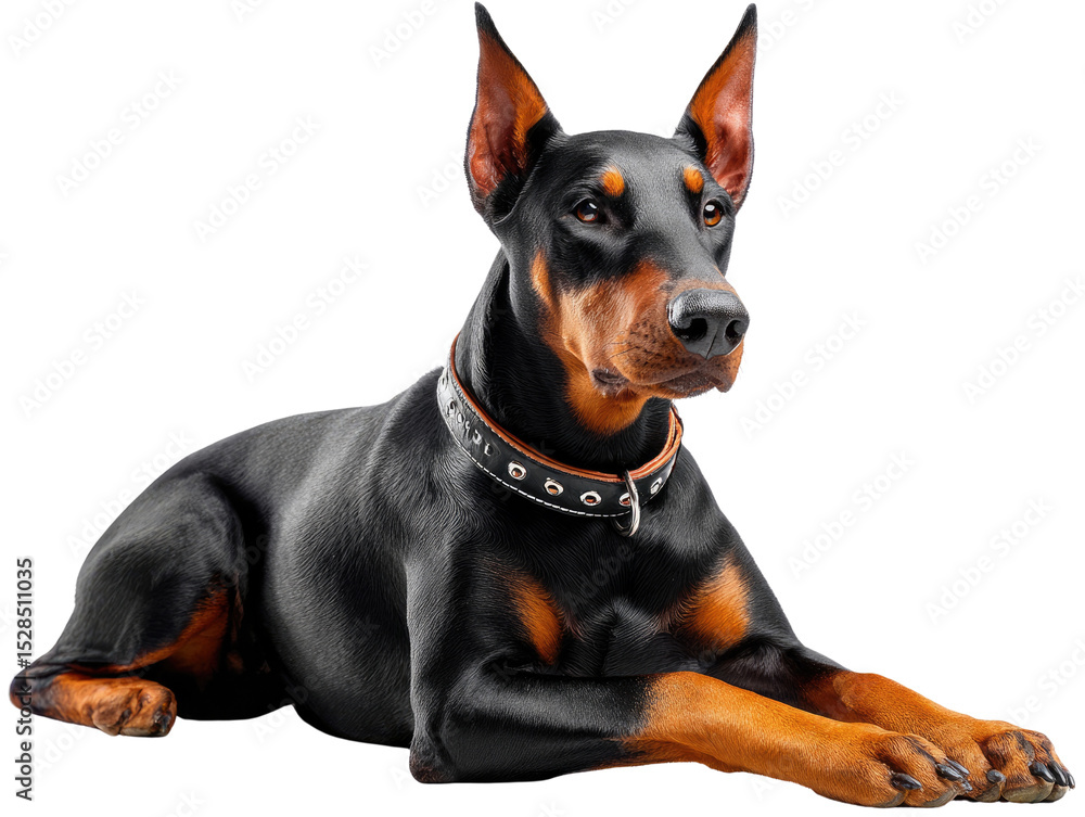 Doberman Pinscher's Vigil: A stately Doberman Pinscher, with its sleek black and tan coat, rests regally, embodying vigilance and loyalty in this studio shot. Doberman Pinscher's Vigil: A stately Doberman Pinscher, with its sleek black and tan coat, rests regally, embodying vigilance and loyalty in this studio shot.