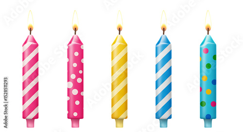 Canvas Print Five lit birthday candles with colorful patterns isolated on white background