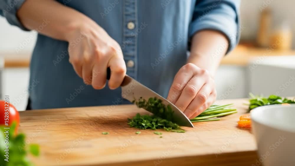 Chopping Fresh Herbs on Wooden Board in Kitchen for Cooking Preparation Chopping Fresh Herbs on Wooden Board in Kitchen for Cooking Preparation