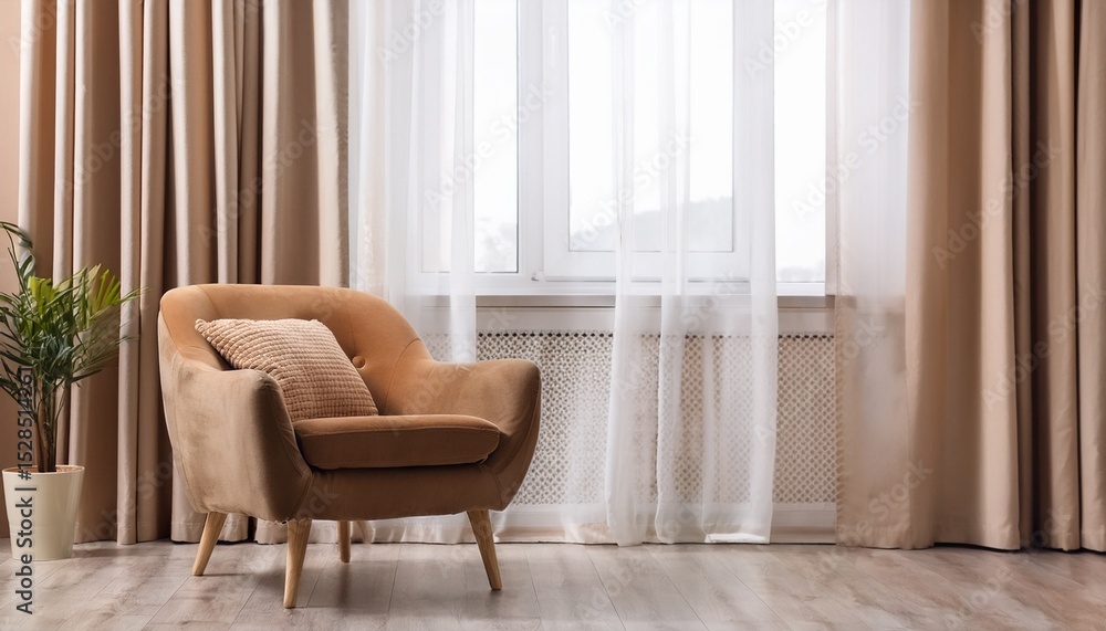 Fototapeta premium comfortable armchair near window with elegant curtains in room