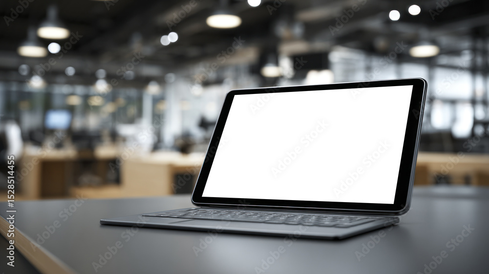 Sleek tablet with keyboard on desk in modern office showing technology in business with blank screen ready for content and productivity. Sleek tablet with keyboard on desk in modern office showing technology in business with blank screen ready for content and productivity.