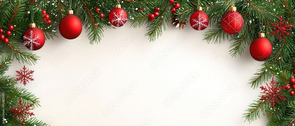 Festive Christmas border of pine boughs, red ornaments, and berries on a white background, creating a blank space perfect for text or images Festive Christmas border of pine boughs, red ornaments, and berries on a white background, creating a blank space perfect for text or images
