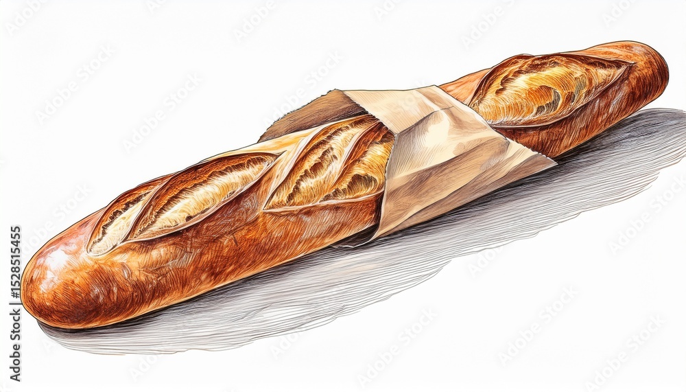 Obraz premium pencil colored baguette in paper bag isolated on white background hand drawn french loaf of bread in eco craft package food illustration