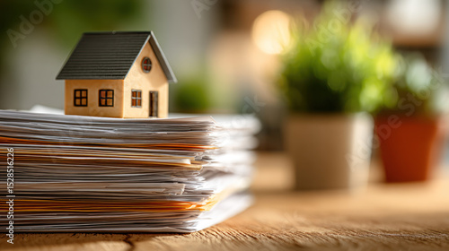 Professional small house model sits on stack of documents symbolizing real estate services and paperwork in warm office setting.