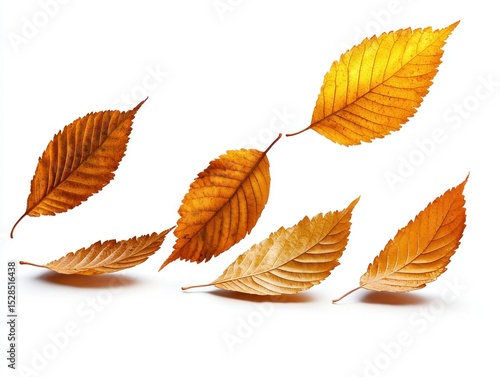 Five autumn leaves, golden and brown, are captured mid-fall against a stark white background, suggesting a sense of movement and change of season