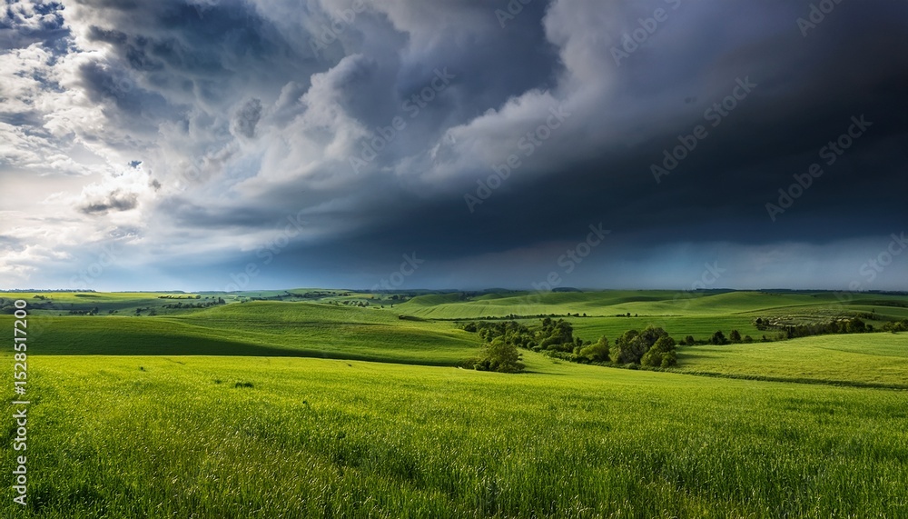 Fototapeta premium dramatic storm clouds over lush green fields in rural landscape