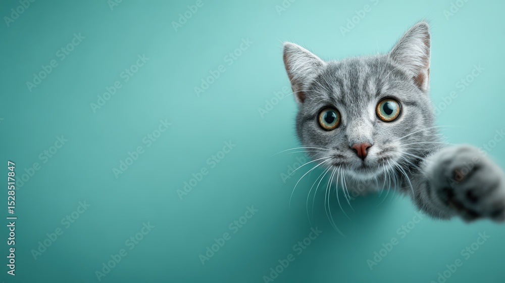 Fototapeta premium Playful Gray Cat Reaching Out with Paw on Turquoise Background