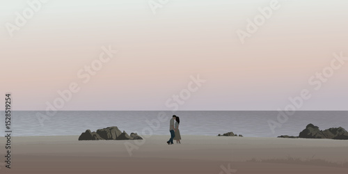 Couple of lover kissing at seashore landscape have vanilla sky background graphic illustration.