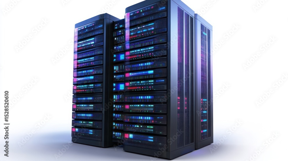 Two server racks with glowing lights Two server racks with glowing lights