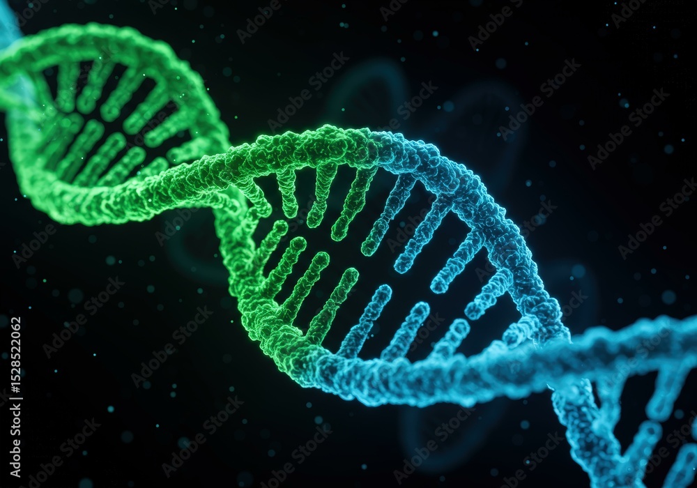 Stylized DNA Helix in Green and Blue against Black Background Biology Art Stylized DNA Helix in Green and Blue against Black Background Biology Art