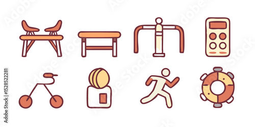 Gym Equipment and Fitness Icons  Illustrations of Exercise Machines, Weights, and Fitness Gear