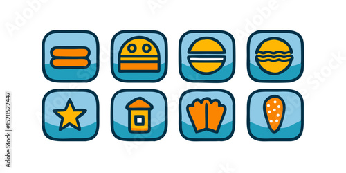 Collection of Cute Food and Miscellaneous Icons in Blue and Orange