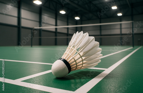 Close-Up of a Shuttlecock Resting on a Green Indoor Badminton Court with a Net and Overhead Lights in a Modern Sports Facility