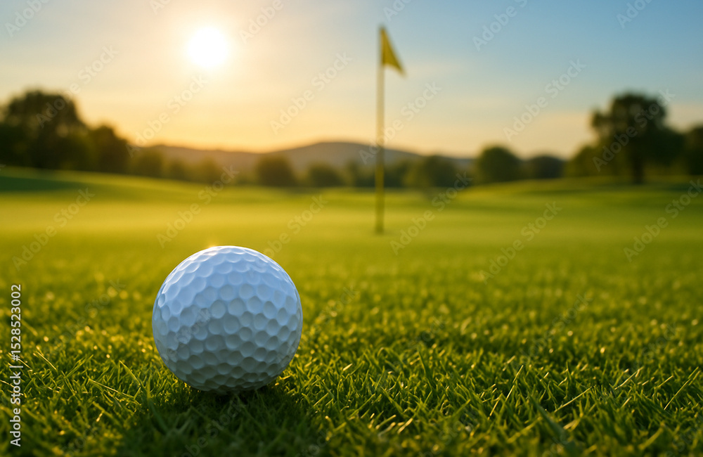 Obraz premium Close-Up of a White Golf Ball on Lush Green Fairway at Sunset with Distant Flagstick, Capturing the Tranquility and Precision of the Golfing Experience