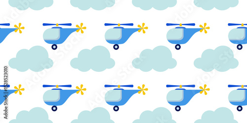 Helicopters and clouds on a white background. Seamless pattern under clipping mask, convenient for editing. The background color can be easily replaced. Flat style. Background for decor.